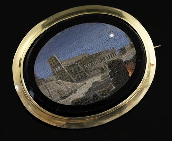 A Victorian gold mounted oval micro mosaic pendant brooch, 65mm.